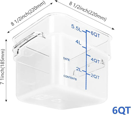 4 Pack Food Storage Containers with Blue Lids, 6.0 Qt - Square, Clear, Polycarbonate