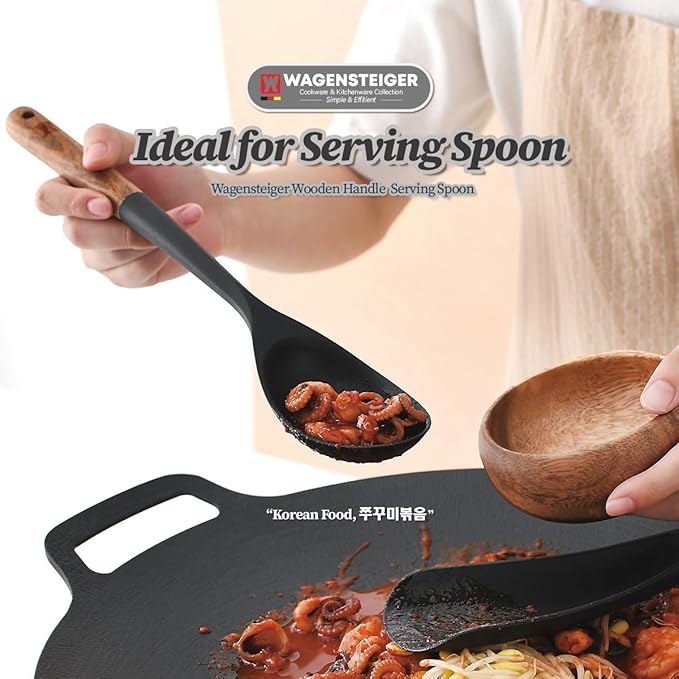 Set of 2pc Silicone Cooking Utensils: Wooden Handle Cooking & Serving Spoon+ Multi-Purpose Cooking Spoon, Heat Resistant Cooking Utensil, BPA Free, Safe Material for All Cooking Surfaces