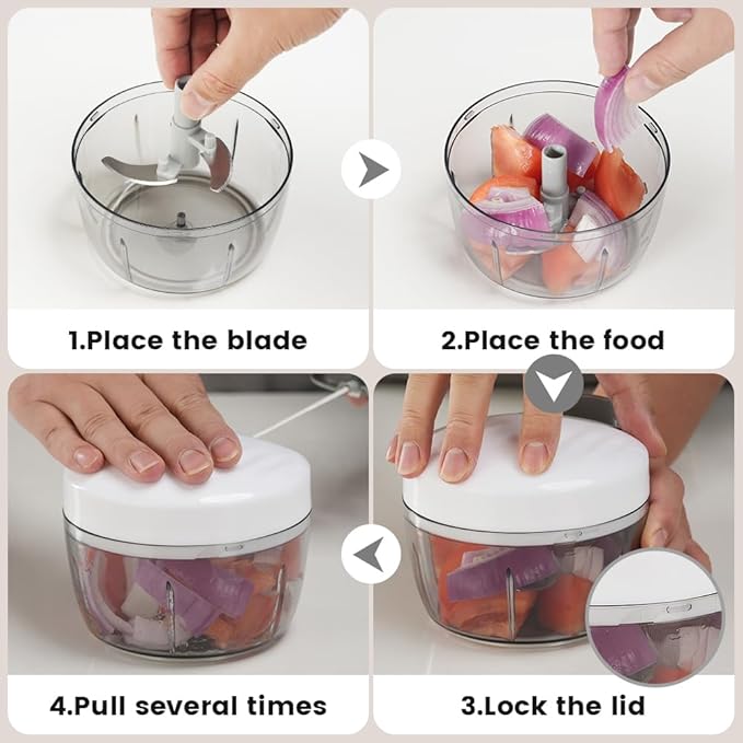Manual Food Processor & Vegetable Chopper White - 2.3 Cup Mini Hand-Pull Cord Kitchen Chopper for Onion, Garlic, Vegetables with 3 Stainless Steel Blades
