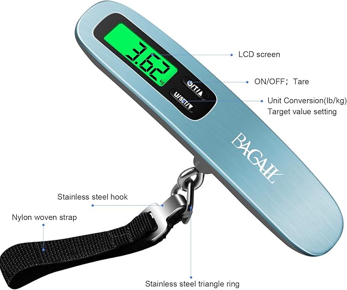 BAGAIL Digital Luggage Scale, 110lbs Hanging Baggage Scale with Backlit LCD Display, Portable Suitcase Weighing Scale, Travel Luggage Weight Scale with Hook, Strong Straps for Travelers