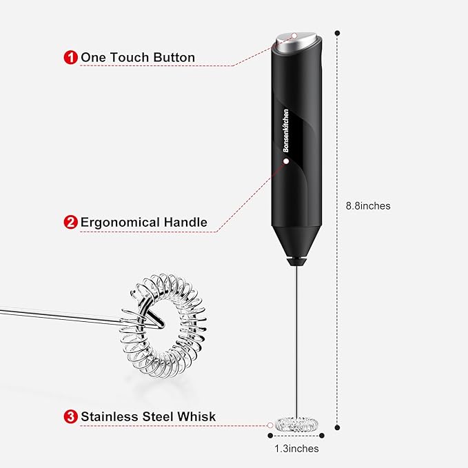 Bonsenkitchen Electric Milk Frother Handheld, Portable Whisk Milk Foam Maker, Drink Mixer for Coffee, Matcha, Electric Stirrer Coffee Mixer, Battery Operated(Not Included)