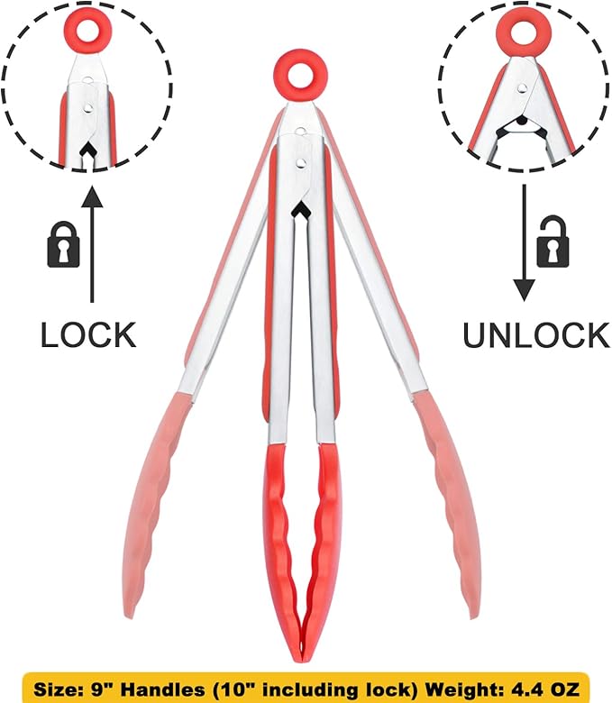 9" Silicone Kitchen Tongs with Silicon tips, Set of 3 (Red Blue Green)