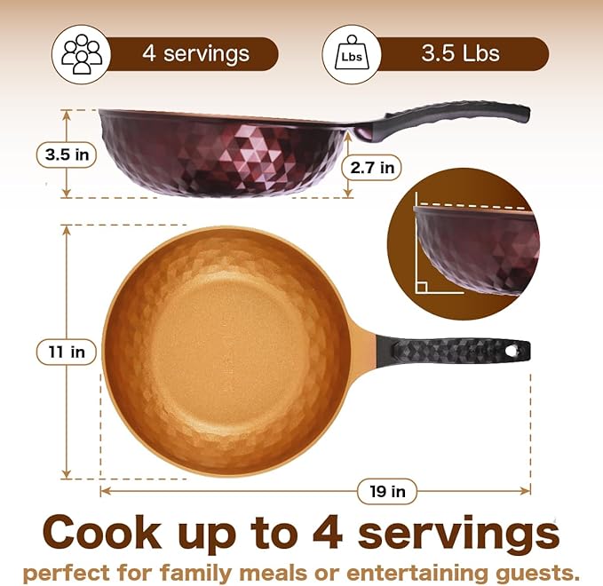 Diamond X Premium Non Stick Wok Pan - 11" Large Flat Bottom Chinese Wok - Woks & Stir-fry Pans Nonstick - Titanium-Coated 8-Layered Korean Engineered Skillet for Frying, Oil-Free, PFOA-Free