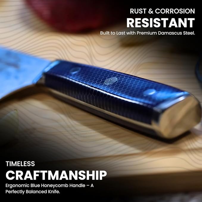 AUS-10 Damascus Chef Knife – 8 Inch Japanese Kitchen Knife, 67-Layer Steel, Ultra-Sharp Blade, Ergonomic Blue Resin Handle, Gift Box Included