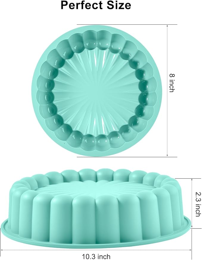 10 Inch Silicone Bundt Cake With 8 Inch Pan Set (2 Pack) - Nonstick Baking Mold for Pound Cake, Jello, Bread & Brownies, Dishwasher Safe, Blue