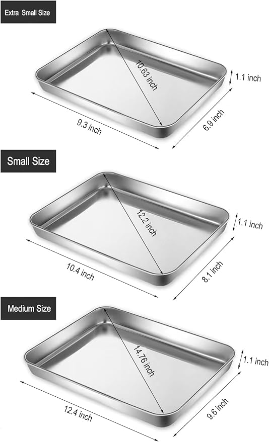 Extra Small Serving Tray in Bulk Stainless Steel 304 Little Tiny Baking Sheet Pans 9.3 x 6.9 x1.1Inch (Diagonal 10.63) Dishwasher Safe No Rust Reheat Food for 1~2 Person 12 Pack