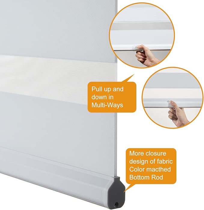 Persilux Cordless Zebra Blinds for Windows Free-Stop Roller Windows Shades (34" W X 72" H, White) Dual Layer Light Control for Day and Night, Light Filtering Sheer Shades for Home, Easy to Install