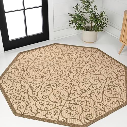 JONATHAN Y Vintage Filigree Indoor Outdoor Octagon Area Rug 5 Ft Beige/Brown, Madrid Textured Weave for Backyard, Patio, Porch, Easy-Cleaning, High Traffic, Pet-Friendly, Non-Shedding (SMB107B-5TGN) by JONATHANY
