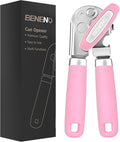 Beneno Heavy Duty Hand Can Opener Manual with Magnet, Durable Sharp Carbon Steel Blade Smooth Cutting, Big Effort-Saving Knob & Soft Grip Handle, Multifunctional Kitchen Tool with Bottle Opener, Pink