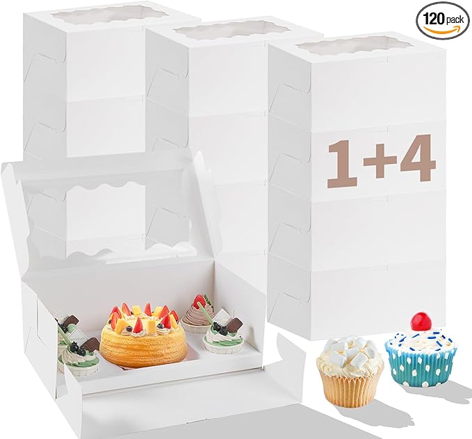 Bento Cake Box With Cupcakes, Clear Window 5 Holes Bento Combination,6 Sets: Cookie Boxes Fit 4 Regular Cupcake and Mini Cakes, Christmas Wedding Birthday Party (White/clear, 1+4/6pcs)