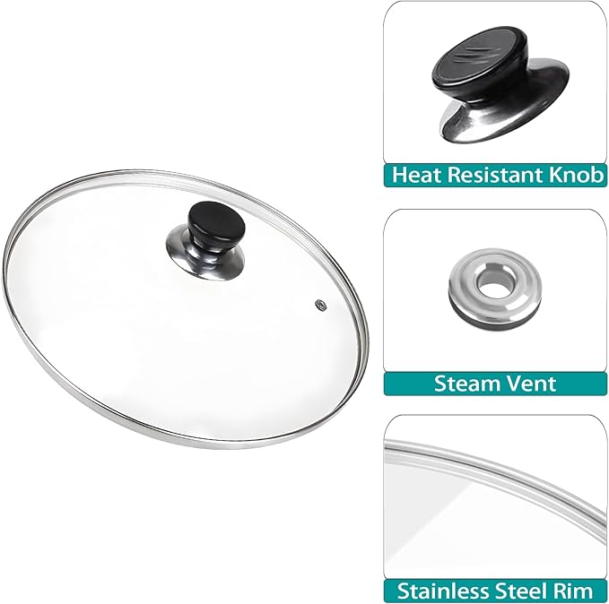 8 Inch Pan Lid, Universal Replacement Pot Lid for Frying Pans, Cast Iron Skillets, Tempered Glass Pan Cover with Steam Vent