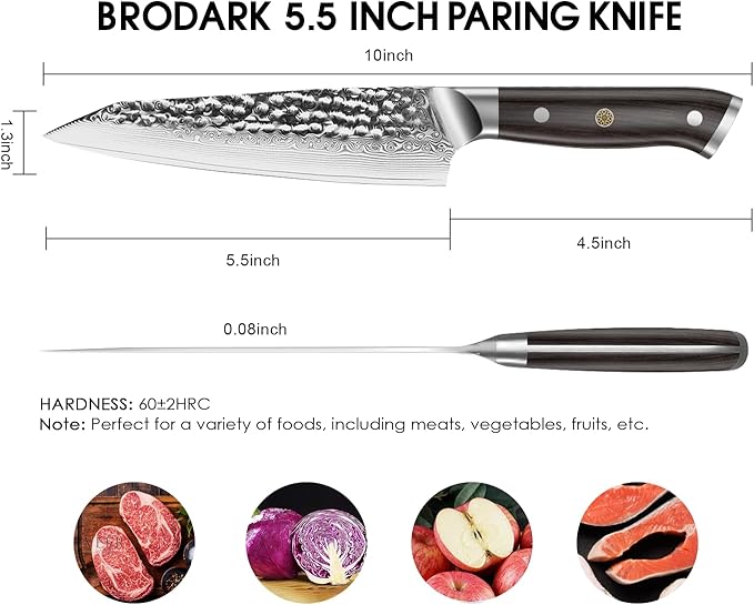 BRODARK Paring Knife, Damascus Utility Knife 5 inch, Japanese VG10 Steel Core Ultra Sharp Peeling Knife with Ebony Handle, Hand Made with Gift Box, Holiday Gifts