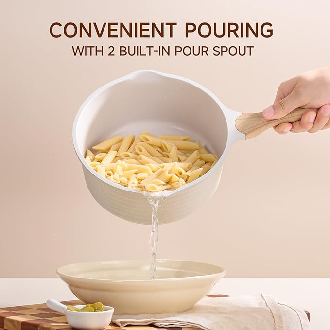JEETEE 1.5 Quart Saucepan with Lid Nonstick Stone Coating Sauce Pan Milk Pan for Cooking Inudction Pot(Beige)