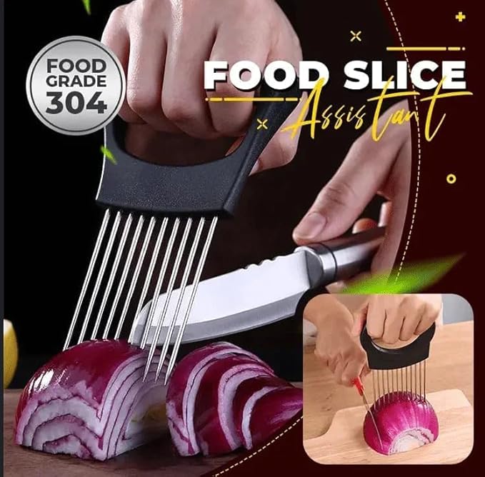 Onion Slice Holder, 2024 New Stainless Steel Holder for Slicing, Chopper Assistant Tool, Cutter for Meat, Onion, Potato, Tomato Kitchen Gadgets (Red, 2 Pack)