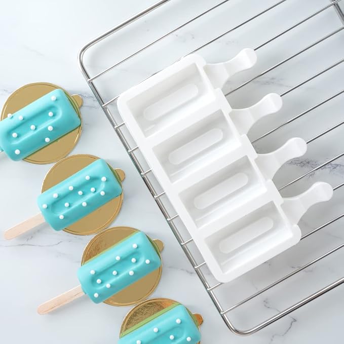 Pastry Tek 4 Cavities Popsicle Mold, 1 Cylinder Cakesicle Mold - Flexible, Freezable, White Silicone Cake Popsicle Mold, Easy Release, For Baking - Restaurantware
