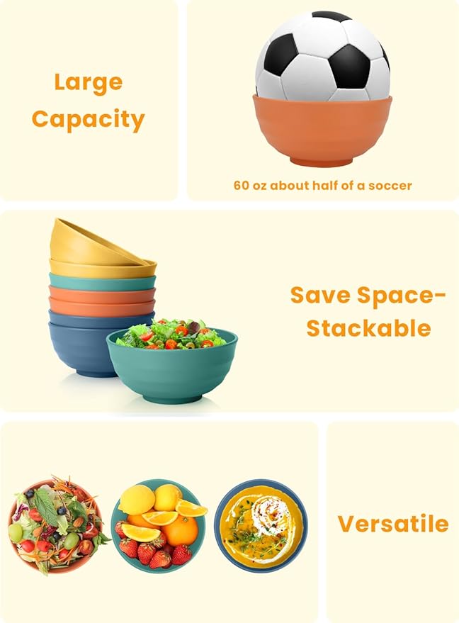 Homienly Large Bowls, 60 Oz Salad Bowls, Large Cereal Bowls, 8PCS Unbreakable Wheat Straw Serving Bowls for Pho, Popcorn, Soup & Oatmeal, Microwave & Dishwasher Safe for Kitchen, Camping (Multi)