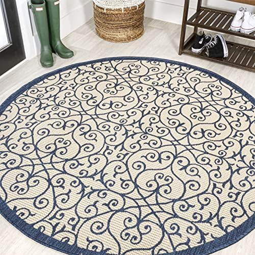 JONATHAN Y Vintage Filigree Indoor Outdoor Round Area Rug 5 Ft Navy/Beige, Madrid Textured Weave for Backyard, Patio, Porch, Easy-Cleaning, High Traffic, Pet-Friendly, Non-Shedding (SMB107G-5R) by JONATHANY