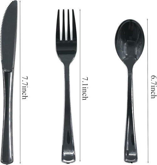 300 Pieces Of Black Plastic Silverware,Heavy Duty, 100 Forks, 100 Spoons, 100 Knives, Heat-Resistant and BPA-free Disposable Silverware,Party Supplies, High-end Utensils