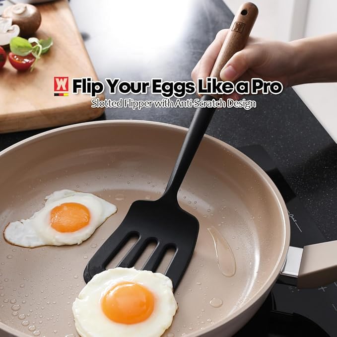 Silicone Slotted Large Spatula: Cooking Turner with Wooden Handle for Flipping and Lifting, Heat Resistant Cookware, BPA Free, Protects Surfaces with Gentle Head Design