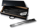 Schmidt Brothers - BBQ Carbon 6, 4-Piece Grilling Accessory Set, Full-Forged Stainless Steel Grilling Utensils Including Spatula, Fork, Basting Brush, and Tongs with All Wood Handles