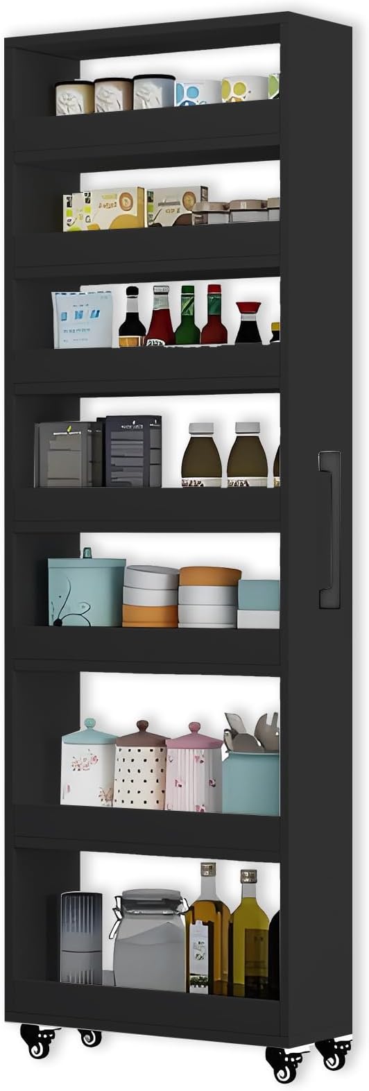 7-Tier Slim Storage Cart, Wooden Rolling Pantry Cabinet with Wheels, Narrow Shelf Organizer for Kitchen, Bakers Rack, Dining Room, Closet, Small Spaces Dark Walnut 47.2" H*7.8" W*16.9" D