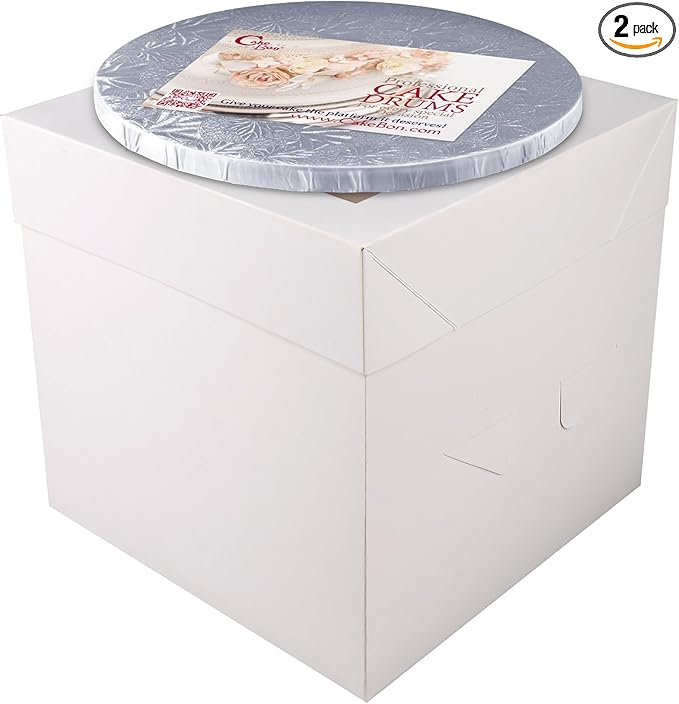 Cakebon Cake Boxes with Boards - 8 Inch Round Cake Drum Silver - Box With Window for Birthdays, Weddings and Parties (1pc Each, 2pcs Total)