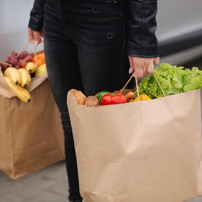 ASSUREPAK DIY Grocery Paper Bags - 100 Bags - 12"x9"x16" - 74LB (110 GSM strong) Twisted Handle - Kraft/Natural - Recyclable Food & Supermarket Bags for Decorating & Branding
