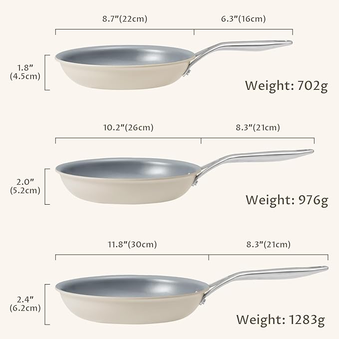 Ceramic Frying Pans Set, 3-Pieces Fry Pan (8", 9.5", 11") with Tri Ply Nonstick Coating, Induction Skillet Set with Handles, Healthy Fast Heating Cookware, Oven Safe, Suitable for All Stove