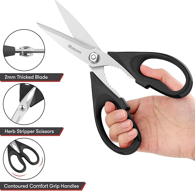 iBayam Black Kitchen Scissors - Heavy Duty Meat & Poultry Shears, Dishwasher Safe Stainless Steel Utility Scissors, 2-Pack Black Kitchen Utensils Set for New Home Essentials