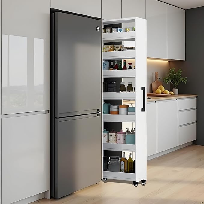 7-Tier Slim Storage Cart, Wooden Rolling Pantry Cabinet with Wheels, Narrow Shelf Organizer for Kitchen, Bakers Rack, Dining Room, Closet, Small Spaces Dark Walnut 73.2''H*9.8''W*19.6''D
