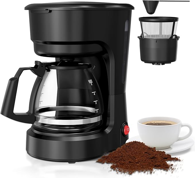 Small 5-Cup Coffee Maker, Drip Coffee Machine with Food-grade Glass Carafe, Always Keep Warm with Manual Switch, Delay Brew, 25oz Water Reservoir, Compact for Home/Office/RV/Travel/Outdoor - Black