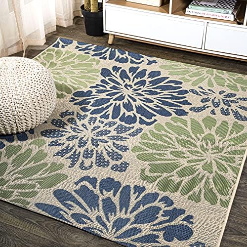 JONATHAN Y Floral Textured Weave Indoor Outdoor Square Area Rug 8X8 Navy/Green, Zinnia Modern for Backyard, Patio, Porch, Easy-Cleaning, High Traffic, Pet-Friendly, Non-Shedding (SMB110B-8SQ) by JONATHANY
