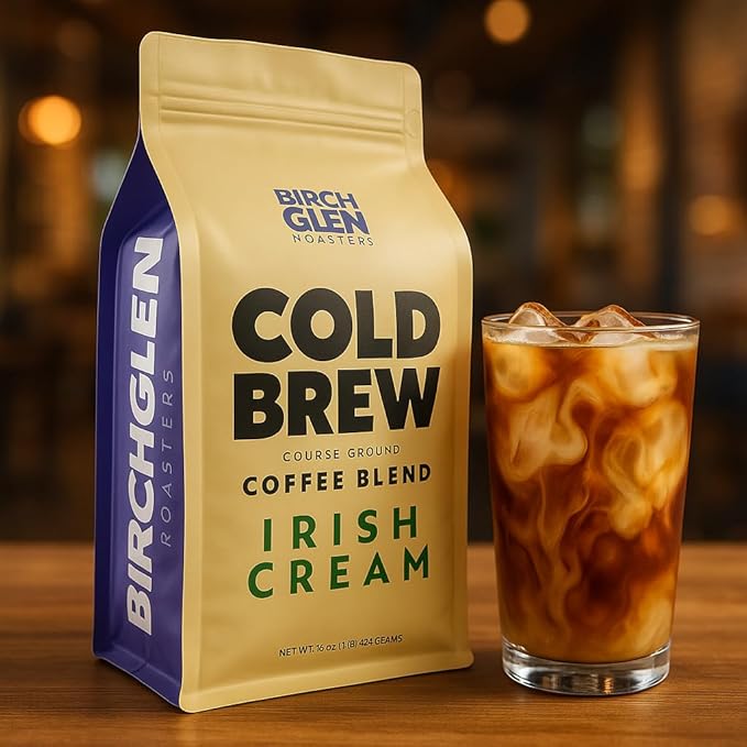 Birch Glen Roasters Cold Brew Coffee | Flavored Coarse Ground Coffee | Medium Roast | Artisanal Roasting | 100% Arabica |1 LB Bag | Irish Cream