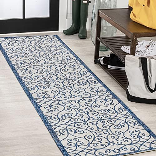 JONATHAN Y Vintage Filigree Indoor Outdoor Runner Rug 2X8 Blue/Cream, Madrid Textured Weave for Backyard, Patio, Porch, Easy-Cleaning, High Traffic, Pet-Friendly, Non-Shedding (SMB107F-28) by JONATHANY