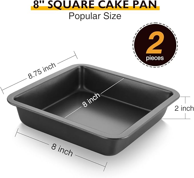HONGBAKE 8x8 Cake Baking Pan Set, Nonstick Square Brownie Pans with Wider Grips, 2 Pieces, Heavy Duty, Grey