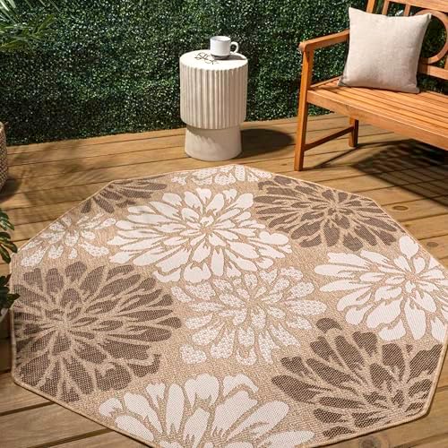 JONATHAN Y Floral Textured Weave Indoor Outdoor Octagon Area Rug 5 Ft Brown/Cream, Zinnia Modern for Backyard, Patio, Porch, Easy-Cleaning, High Traffic, Pet-Friendly, Non-Shedding (SMB110I-5TGN) - Image 3