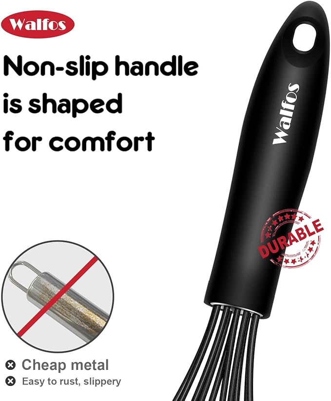 Walfos Whisk,Silicone Whisk Set of 4 Non-Scratch Silicone Coated Whisks for cooking.BPA Free and Dishwasher Safe 5+7+9+11in wisk Nice for Blending Beating Stirring and Mixing (Black）