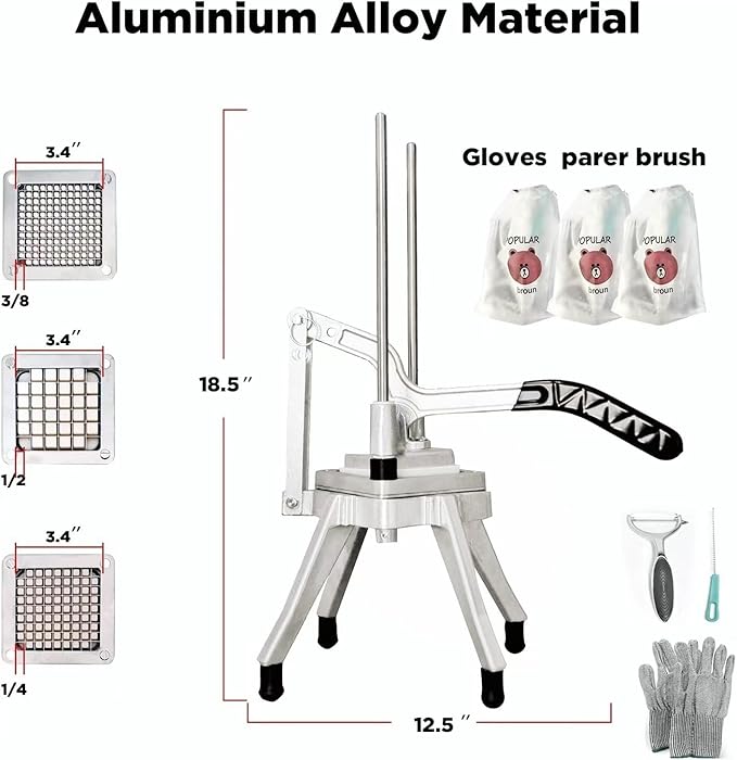 Upgrade Stainless Steel Vegetable Cutter: Ideal for potatoes, tomatoes, peppers, mushrooms.3 Replacement Blades (1/4", 3/8", 1/2") for various widths. Doubles cutting efficiency.