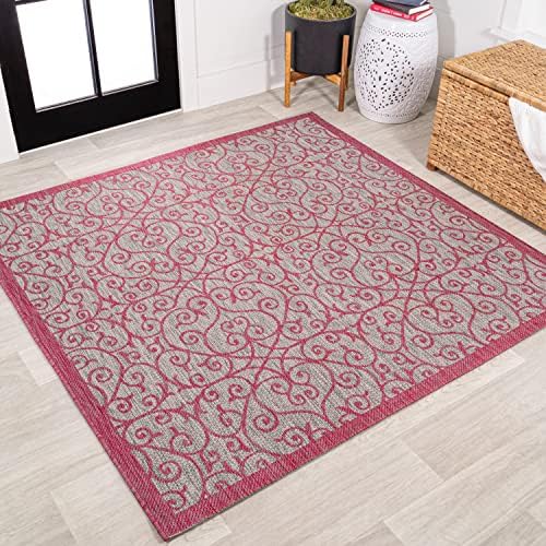 JONATHAN Y Vintage Filigree Indoor Outdoor Square Area Rug 5X5 Light Gray/Fuchsia, Madrid Textured Weave for Backyard, Patio, Porch, Easy-Cleaning, High Traffic, Pet-Friendly Non-Shedding SMB107I-5SQ by JONATHANY