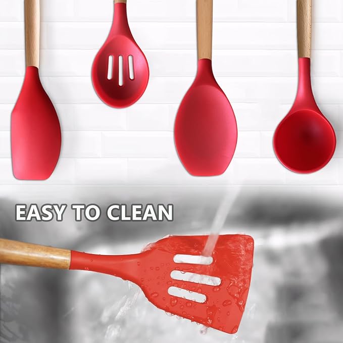 Silicone Cooking Utensils Set 5Pcs Non-Stick Silicone Kitchen Utensils for Cooking, Heat Resistant Kitchen Gadgets Spatula Spoon Turner Set with Wooden Handles for Non-Stick Cookware BPA Free