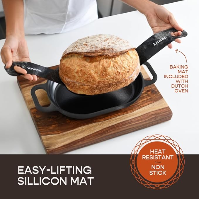 Enameled Cast Iron Dutch Oven for Professional Sourdough Bread Baking | 5.5 Quart Loaf Size Oval Cookware Pot with Lid | Triple-Layer Enamel Coating Pan with Non Stick Silicone Mat | Black