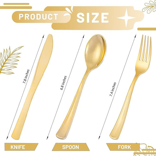 300 Pieces Gold Plastic Silverware - Heavy Duty Disposable Cutlery Set - Gold Disposable Utensils Include 150 Forks, 75 Spoons, 75 Knives for Dinner, Parties, Weddings