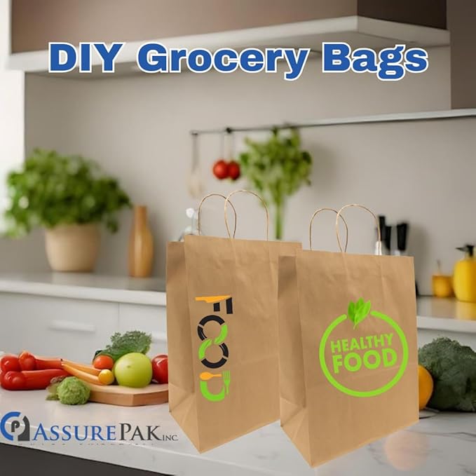 ASSUREPAK DIY Grocery Paper Bags - 200 units - 14"x10"x15.75" - Handle - Kraft Color - 74LB (110 GSM strong) - Recyclable Food & Supermarket Bags for Decorating & Branding - 141016NKPAPTHDL