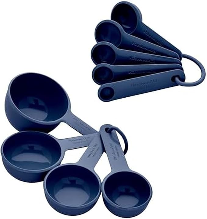KitchenAid Universal Easy To Read Measuring Cup and Spoon Set with Soft Grip Handle for Maximum Control, Hang Hole and Nesting For Easy Storage, Dishwasher Safe, 9 Piece, Ink Blue