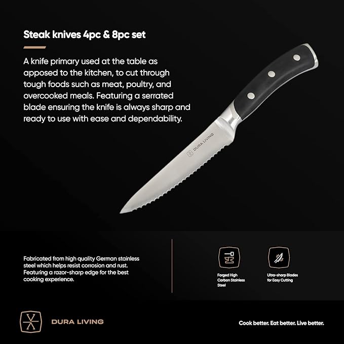 DURA LIVING 4-Piece Serrated Kitchen Steak Knife Set – Forged High Carbon Stainless Steel, Ultra Sharp, Ergonomic Black Handles, Durable Dinner Knives, Black Handle