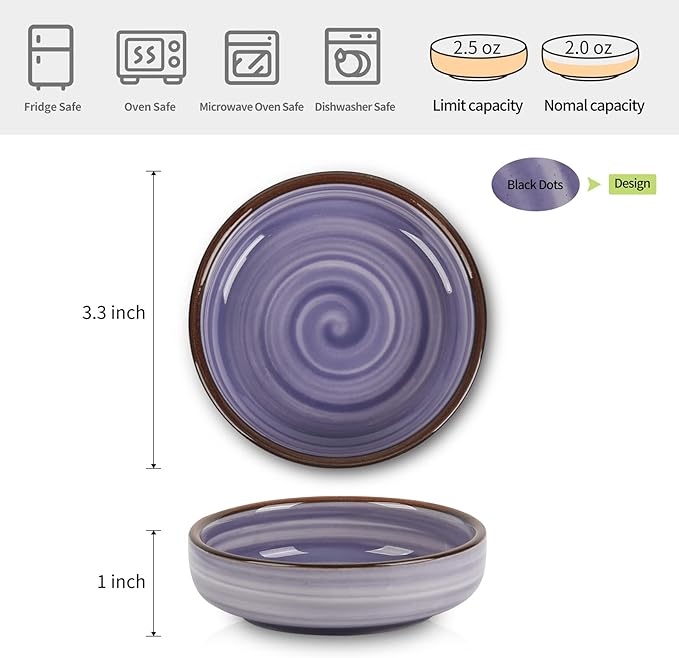 Selamica Ceramic 2.5 OZ Soy Sauce Dish Dipping Bowls Set of 6, 3.3 Inch Small Side Dish Pinch Bowls, Mini Bowls for Condiments, Ketchup, BBQ, Sushi, Gradient Blue