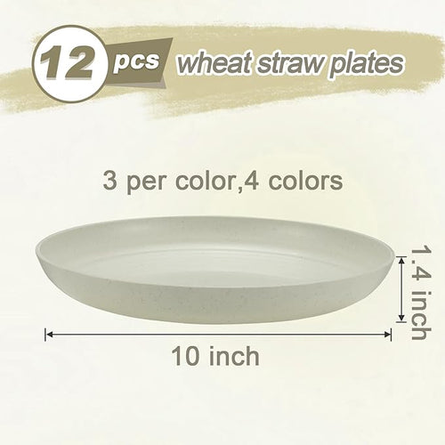12 Pcs Unbreakable Deep Dinner Plates Set, 10 inch Reusable Plastic Wheat Straw Plates, Microwave and Dishwasher Safe Plate for Kitchen, Lightweight Plate for Dessert, BPA Free, 4 Colors