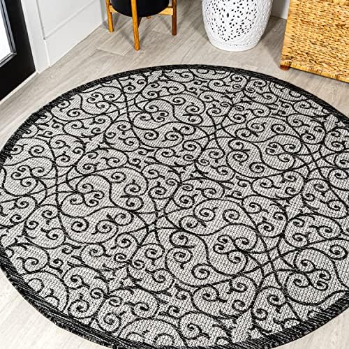 JONATHAN Y Vintage Filigree Indoor Outdoor Round Area Rug 9 Ft Light Gray/Black, Madrid Textured Weave for Backyard, Patio, Porch, Easy-Cleaning, High Traffic, Pet-Friendly, Non-Shedding SMB107E-9R by JONATHANY