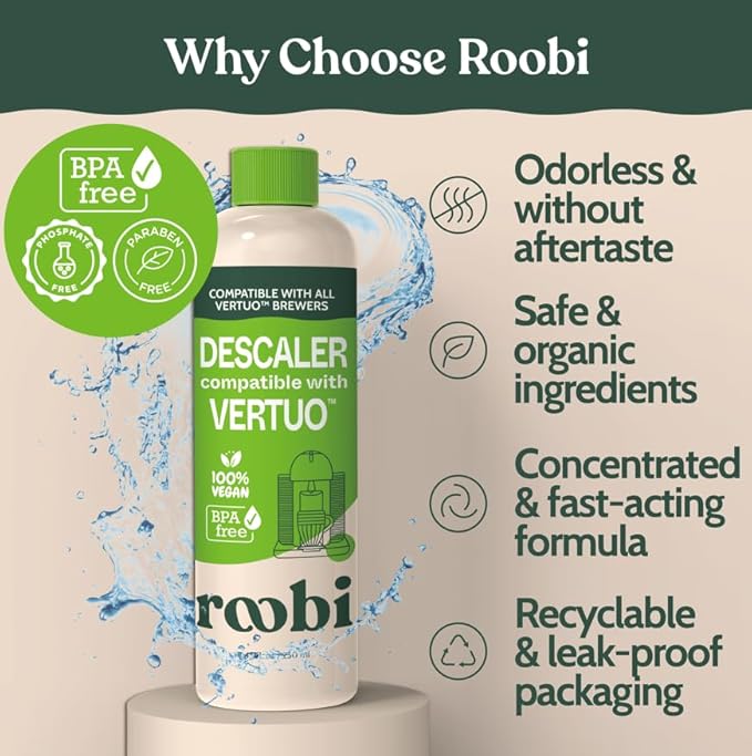 Roobi Nespresso Compatible Vertuo Cleaning & Descaling Kit. Includes 1 Bottle of Descaling Solution, 6 Cleaning Tablets and 1 Reusable Pod. Carbon Neutral Vertuoline Maintenance Kit. 6 Month Supply.