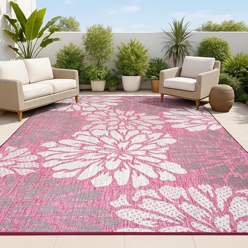 JONATHAN Y Floral Textured Weave Indoor Outdoor Area Rug 5X8 Fuchsia/Light Gray, Zinnia Modern for Backyard, Patio, Porch, Easy-Cleaning, High Traffic, Pet-Friendly, Non-Shedding (SMB110F-5) by JONATHANY